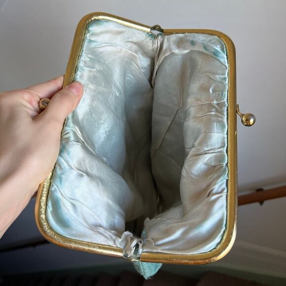 Antique Vintage‎ Teal Seafoam Green Handbag Kiss Lock Purse Tote Gold Tapestry - Picture 7 of 9